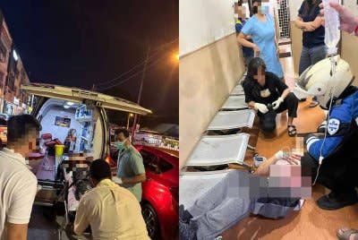 Mangsa yang rebah di hadapan sebuah klinik diberikan rawatan awal sebelum dikejarkan ke Hospital Seberang Jaya untuk mendapatkan rawatan lanjut.