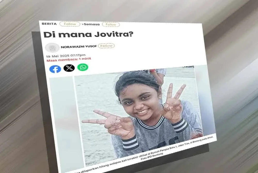 Laporan Sinar Harian pada Isnin mengenai kehilangan Jovitra.