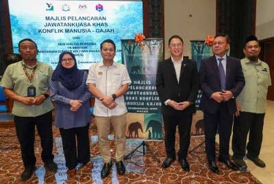 Nik Nazmi (tiga dari kiri) dan Pengerusi Jawatankuasa Kesihatan dan Alam Sekitar Johor, Ling Tian Soon (tiga dari kanan) bergambar bersama selepas menyempurnakan gimik Pelancaran Khas Konflik Manusia-Gajah dan Sesi Dialog Bersama Menteri Kementerian Sumber Asli dan Kelastarian Alam (NRES) di Bangunan Dato Jaafar Muhammad pada Selasa. Turut hadir Penasihat Ekonomi Negeri Johor, Datuk Hasni Mohammad (dua dari kanan). Foto Bernama