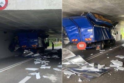 Kecuaian seorang pemandu lori yang tidak mematuhi had ketinggian kenderaan menyebabkan lori dipandunya tersangkut dalam sebuah terowong di Jalan Ibrahim di sini, minggu lalu. Sumber: Gambar tular