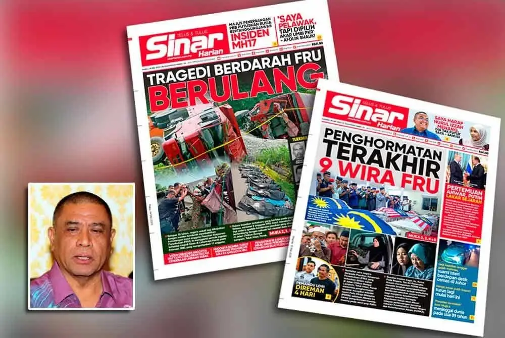 Laporan Sinar Harian mengenai insiden nahas membabitkan anggota FRU minggu lalu.Gambar kecil, Saarani.