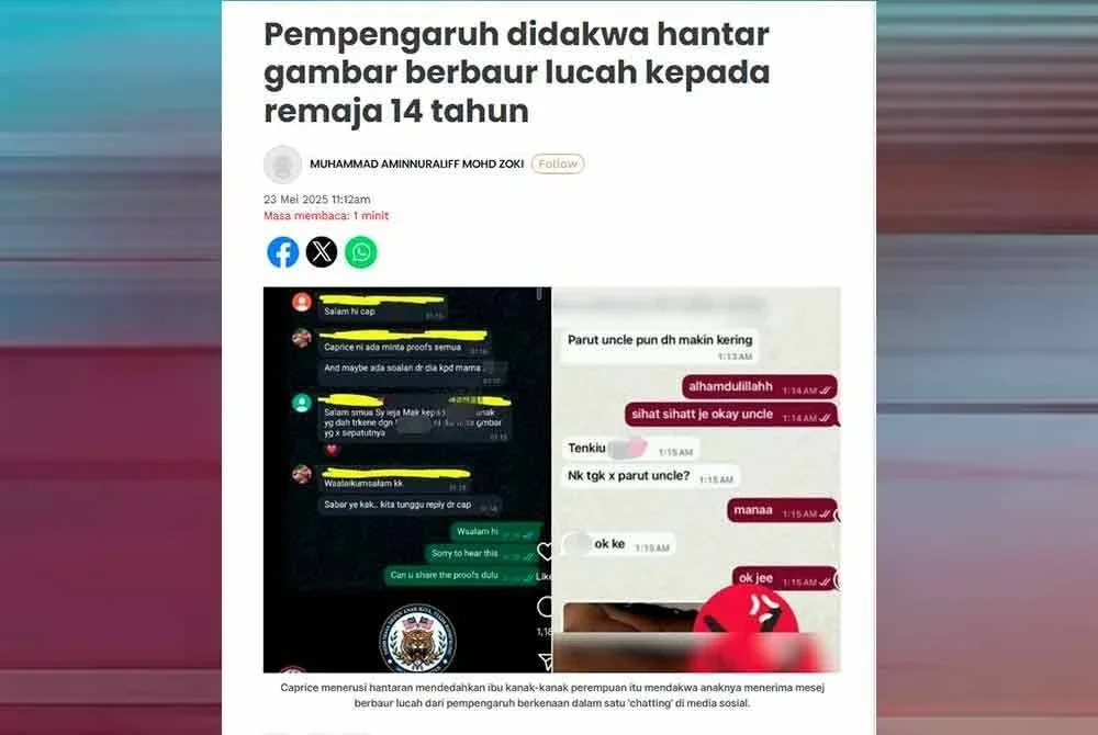 Laporan Sinar Harian mengenai pempengaruh yang dikenali CEO Batu yang didakwa hantar gambar berbaur lucah kepada remaja 14 tahun
