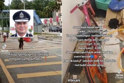 Tangkap layar video memaparkan sekumpulan penunggang basikal lajak dengan mempromosikan perlumbaan di sekitar Petaling Jaya. Gambar kecil: Shahrulnizam