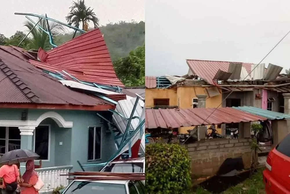 Kerosakan bumbung di rumah penduduk terjejas akibat ribut.Foto: FB Mohd Razi Mohd Ali