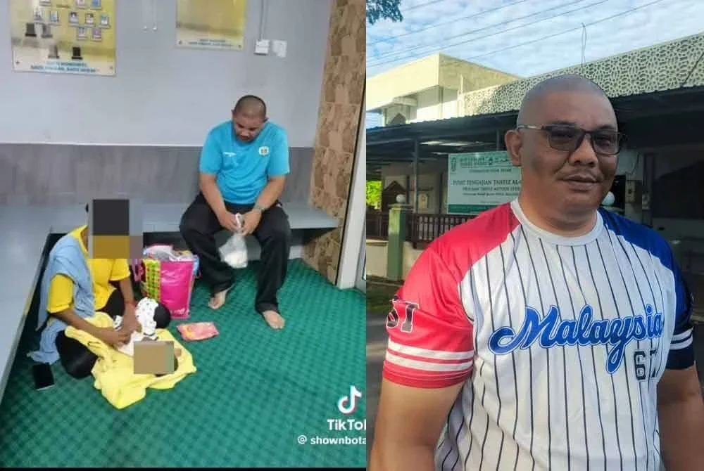 Tangkap layar video TikTok tular yang memaparkan Shamshul (kanan) membantu seorang wanita berbangsa India bersama bayi kecilnya yang berada dalam keadaan terdesak pada Khamis lalu.