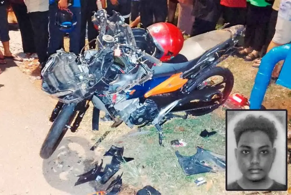 Motosikal Honda RS-X ditunggang mangsa yang terbabit dalam kemalangan di persimpangan Jalan Tanjung Minyak-Bukit Rambai berhampiran Taman Arked Seri Rambai pada malam Selasa. Gambar kecil: Muhammad Syafie