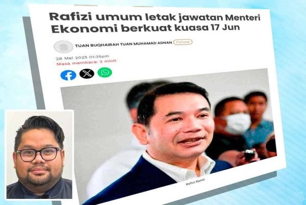 Laporan Sinar Harian mengenai Rafizi mengumumkan peletakan jawatan Menteri Ekonomi pada Rabu. Gambar kecil: Ketua Penerangan UMNO Bahagian Johor Bahru, Ahmad Solehin Abd Ghani