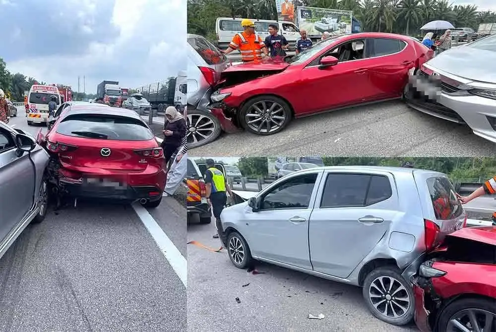 Keadaan kemalangan yang berlaku di Kilometer 160 Lebuhraya Utara–Selatan (PLUS) arah utara menghala ke Tambun pada tengah hari Khamis.