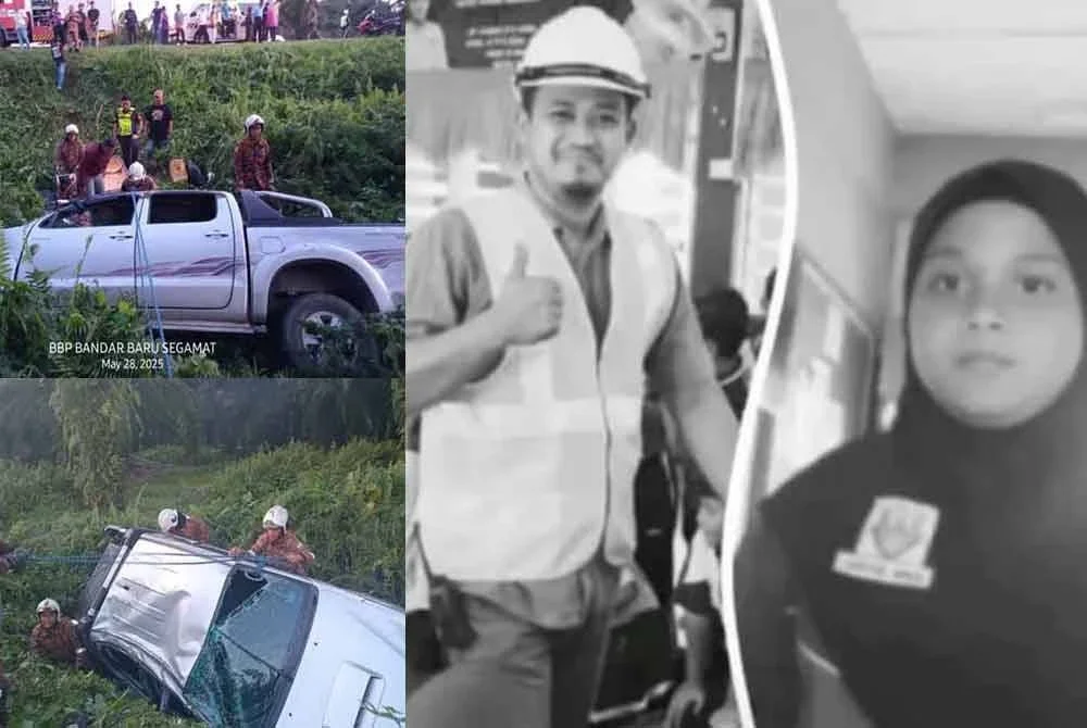 Mohd Fitri Md Said, 39, dan anaknya, Nurin Insyirah, 9, meninggal dunia di tempat kejadian apabila kenderaan pacuan empat roda yang dinaiki mereka terbabas dan terjunam ke dalam gaung di Kampung Kwongsai, Jalan Segamat–Labis pada Rabu. Foto BBP Bandar Baru Segamat.