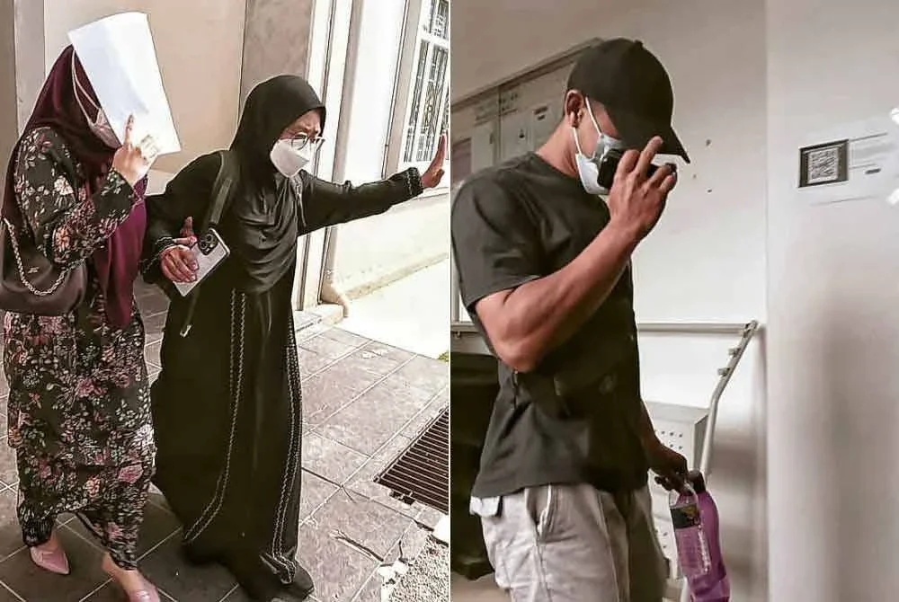 Nur Fadilah mengaku bersalah di Mahkamah Tinggi Syariah di sini pada Jumaat. Gambar kanan: Muhammad Hairul Ezuan yang memakai topi dan berbaju biru keluar dari Mahkmah Tinggi Syariah di sini, pada Jumaat.