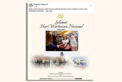 Tangkap layar Sultan Pahang dan Tengku Ampuan zahirkan ucapan Selamat Hari Wartawan Nasional kepada seluruh warga media di Malaysia, khususnya kepada wartawan di Pahang. - Foto: FB Kesultanan Pahang