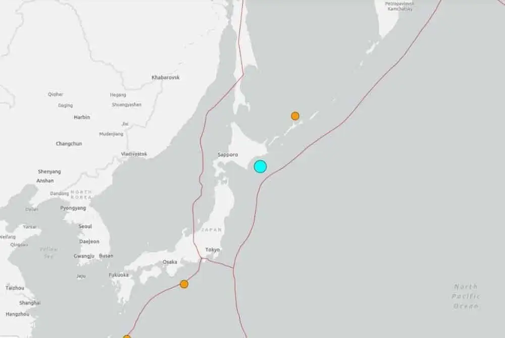 Gempa bumi berukuran 6.1 skala Richter gegar utara Jepun berhampiran Kushiro. Foto USGS