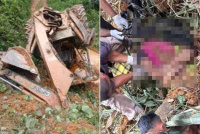 Buldozer yang dikendalikan mangsa warga tempatan di Ladang Bonanza Laloh Kuala Krai. Gambar kanan: Mangsa warga Thailand maut di lokasi kejadian akibat dihempap jentolak.