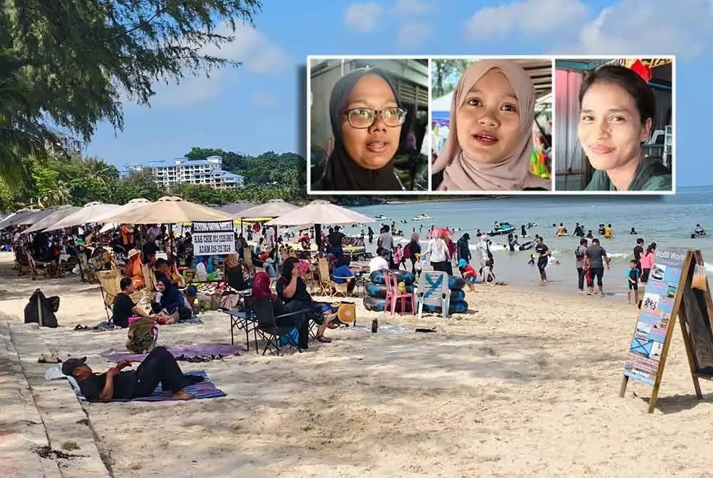 Keadaan Pantai Teluk Kemang yang meriah dengan kehadiran pengunjung sempena cuti sekolah. Gambar kecil dari kiri: Adibah, Aina Sufia, dan Sarihastika