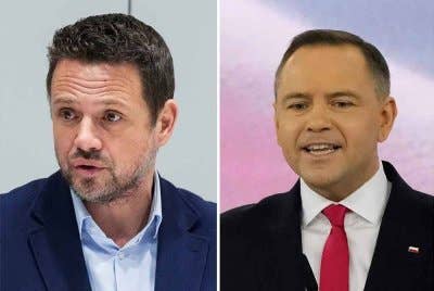 Rafał Trzaskowski (kiri) dan calon konservatif, Karol Nawrocki (kanan)