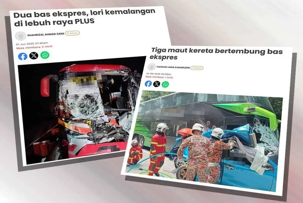 Laporan Sinar Harian mengenai kemalangan yang melibatkan bas dan lori.
