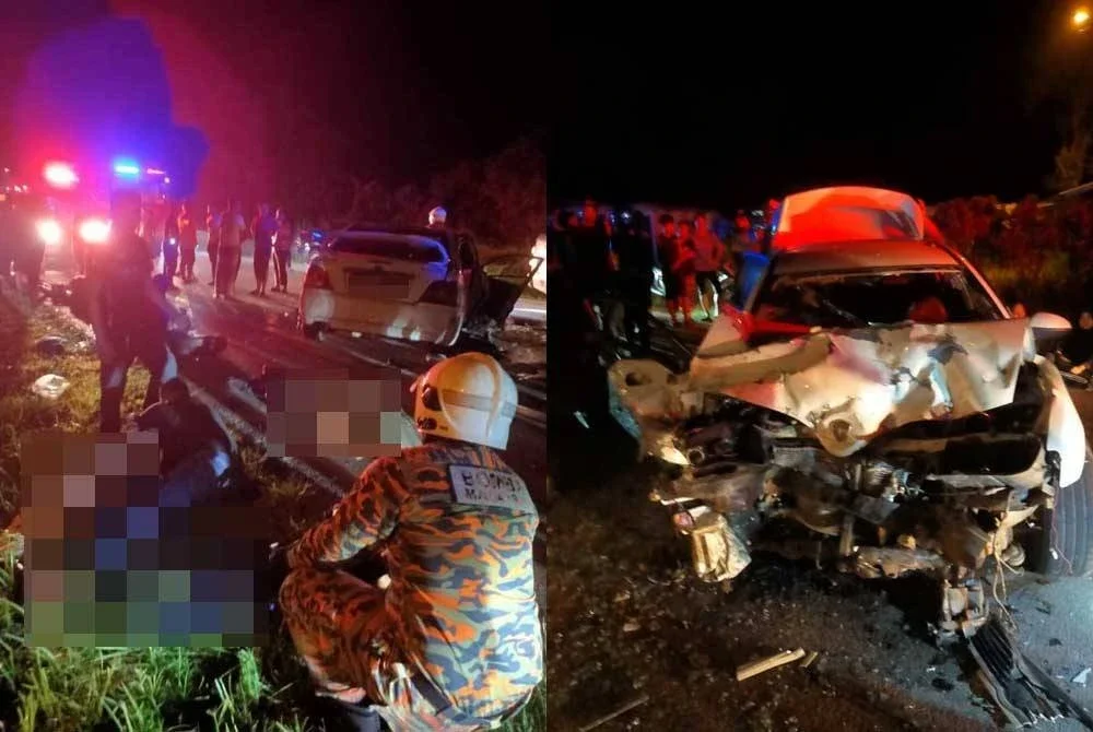 Dua mangsa maut dalam kejadian di Jalan Machang-Pasir Puteh, Kampung Banggol Judah di Machang pada Ahad malam. Foto JBPM