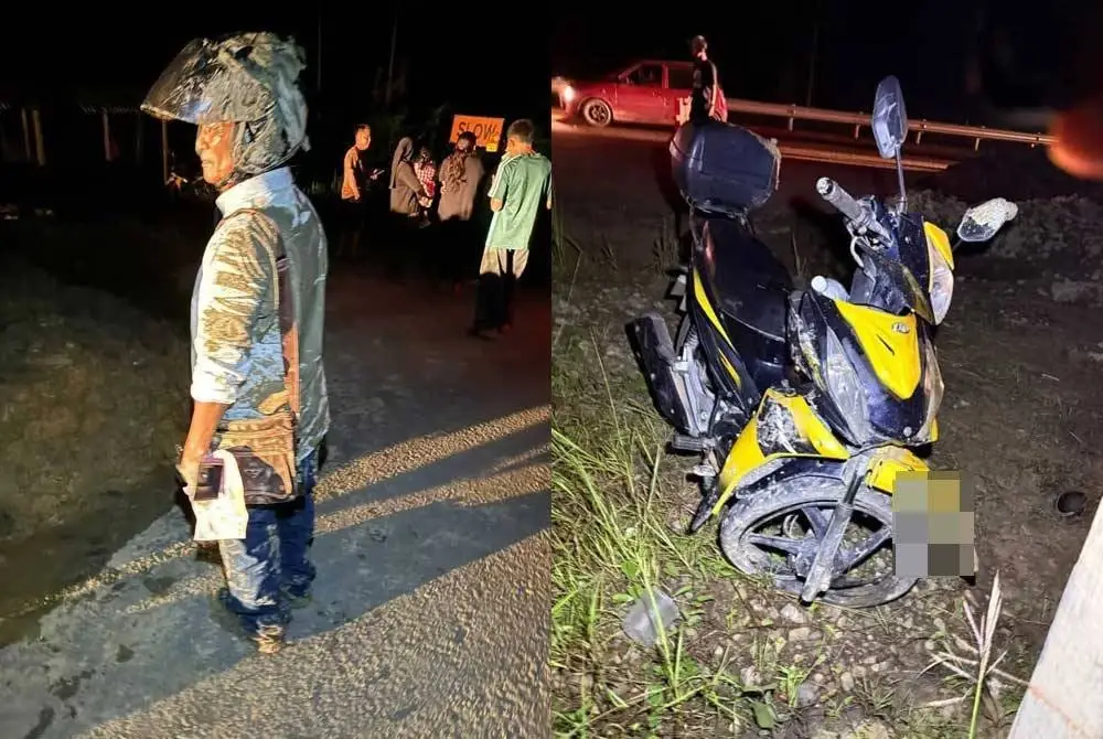 Seorang penunggang motosikal terlibat dalam kemalangan akibat terlanggar lubang ketika melalui jalan Kampung Naluyan, Sipitang.