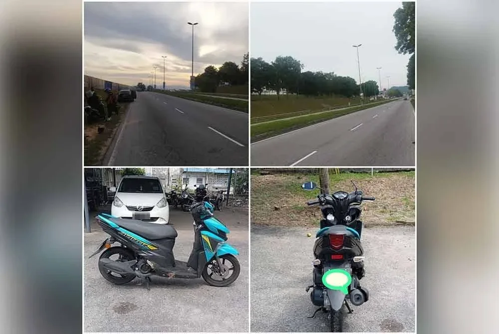 Mangsa cedera parah selepas motosikal Yamaha Ego Avantiz ditunggang dihimpit oleh sebuah kenderaan tidak pasti (sumber:polis)