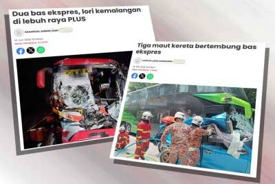 Laporan Sinar Harian mengenai kemalangan yang melibatkan bas dan lori.