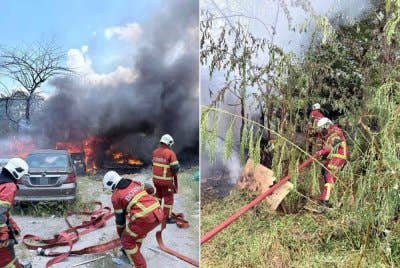 Anggota bomba melakukan kerja-kerja memadamkan kebakaran yang melibatkan sebuah kandar penternakan di Kampung Jawa, pada Isnin.