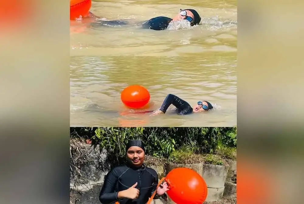 Nayli Wafiy ketika berenang sejauh 11.6 kilometer (KM) di Sungai Perak
