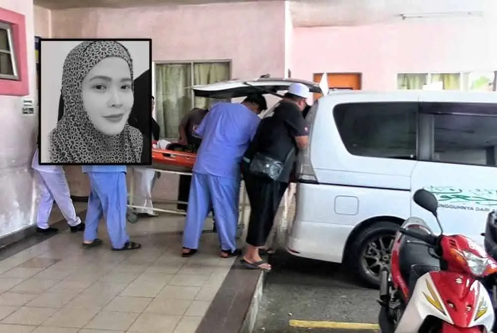 Jenazah Iecah diusung masuk ke van jenazah selepas dibawa keluar dari Jabatan Perubatan Forensik Hospital Melaka pada Rabu. Gambar kecil: Iecah Junus