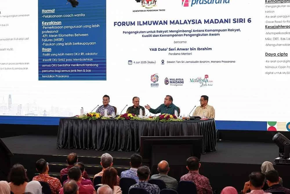 Perdana Menteri, Datuk Seri Anwar Ibrahim dan Menteri Pengangkutan Anthony Loke (dua dari kanan) ketika menghadiri Forum Ilmuwan Malaysia MADANI Siri 6 bertajuk Pengangkutan untuk Rakyat: Mengimbangi Antara Kemampuan Rakyat, Kualiti dan Kemampanan Pengangkutan Awam di Menara Prasarana hari ini. Foto Bernama