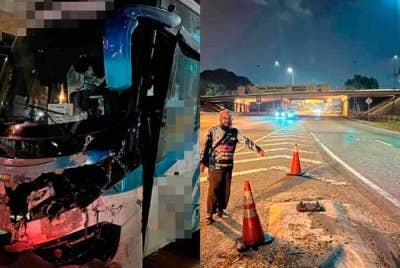 Keadaan bas yang terbabas dan melanggar besi pembahagi jalan di Kilometer 35.8 Kesas, Subang Jaya pada Isnin.
