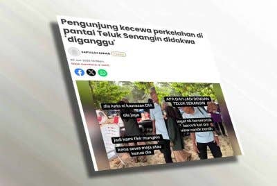 Laporan Sinar Harian mengenai dakwaan enam keluarga yang berkelah di Pantai Teluk Senangin.