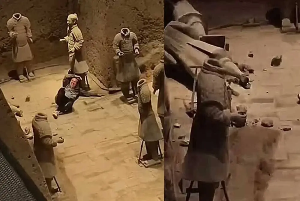 Sun menerima kecaman hebat selepas menceroboh kawasan terlindung di tapak Tentera Terracotta dan merosakkan dua patung purba yang berada tempat itu. - Foto : The Daily Mail