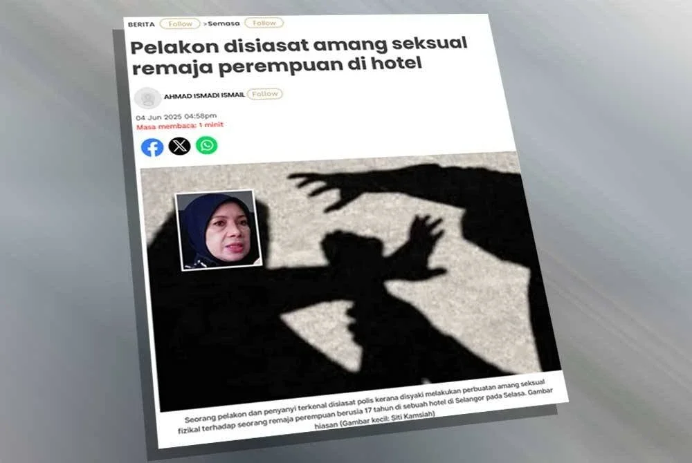 Laporan Sinar Harian mengenai pelakon disiasat amang seksual remaja perempuan di hotel.