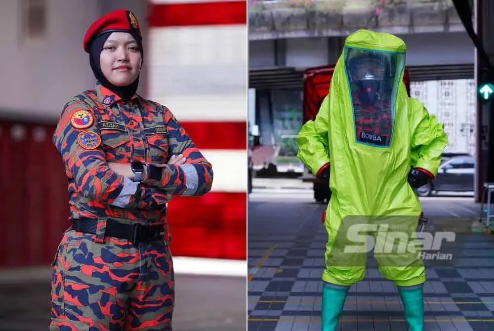 Norazizah memakai sut perlindungan penuh bagi operasi menyelamat melibatkan bahan kimia berbahaya.
FOTO: MOHD HALIM ABDUL WAHID