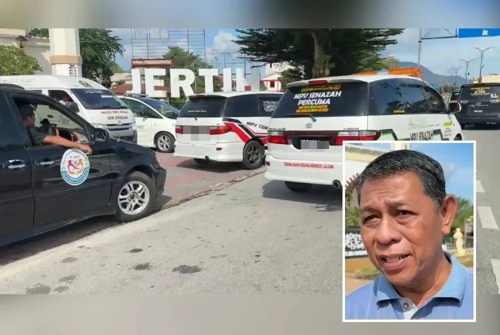 Antara van jenazah yang digerakkan ke Perak untuk membawa pulang jenazah mangsa kemalangan bas pada Isnin. (Gambar kecil: Muhammad Pehimi)