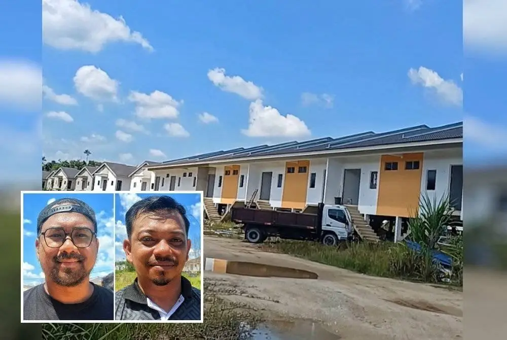 Projek Perumahan Makmur Kampung Tiram fasa pertama masih terbengkalai selepas dijadualkan siap pada tahun lalu. (Gambar kecil: Muhammad Shafiq, Mohamad Nabil)