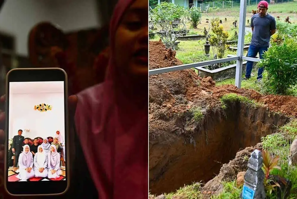 Nur Ainun Afiqah menunjukkan gambar arwah adiknya ketika ditemui di Kg Anak Ikan, di Besut. Gambar kanan: Kubur Nur Ainul Qistina di Tanah Perkuburan Alor Serdang, di Besut selesai digali sekitar jam 2 petang pada Isnin. 