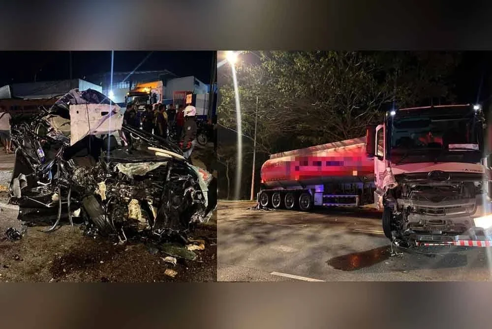Seorang peniaga maut selepas kereta jenis Perodua Myvi yang dipandunya bertembung dengan sebuah lori tangki membawa muatan bahan api di Kilometer 39, Jalan Batu Pahat–Mersing, pada Isnin. - Foto IPD Kluang