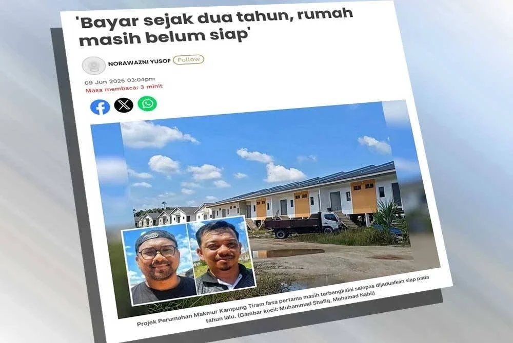 Laporan Sinar Harian mengenai keluhan pembeli unit Projek Perumahan Makmur Kampung Tiram.