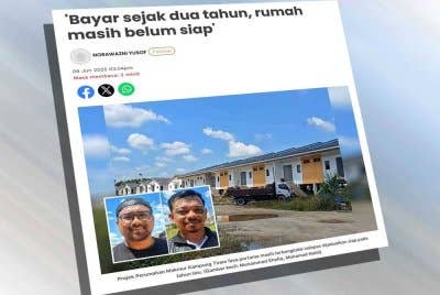 Laporan Sinar Harian mengenai keluhan pembeli unit Projek Perumahan Makmur Kampung Tiram.