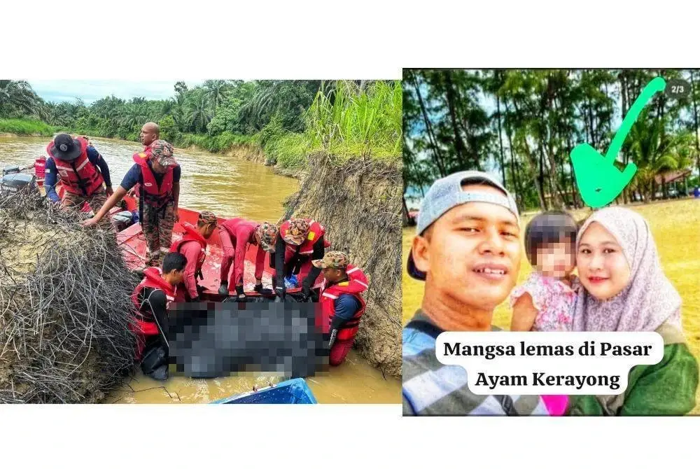 Jasad Sakirah ditemui oleh orang awam dalam keadaan terapung dengan jarak 2.5 km dari lokasi kejadian. Foto ihsan PDRM