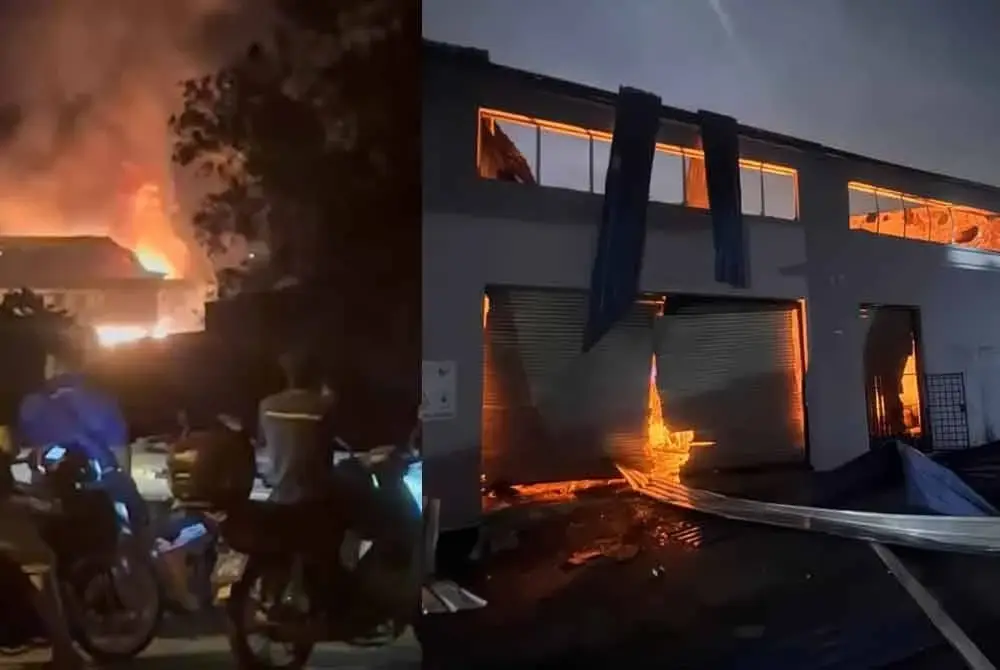 Tangkap layar tular kejadian kebakaran stor gas LPG di Kawasan Perindustrian Timur Kulai pada awal pagi Khamis.