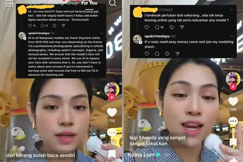 Reina mendedahkan, pemilik akaun itu menawarkan bayaran RM500 untuk merakam aksi seksual.