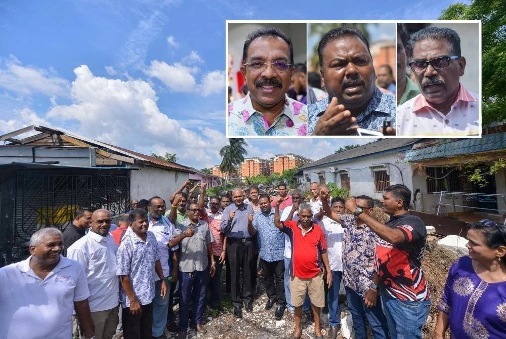 M Shanker (tengah) bersama penduduk yang terlibat ketika membuat tinjauan di tapak perobohan. (Gambar kecil: Gunaraj Gorge, V Gunalan, Selventhiran Muniandy)