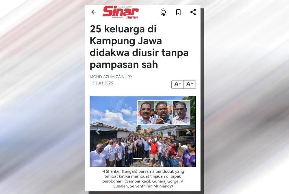 Tangkap layar laporan Sinar Harian berhubung dakwaan penduduk Kampung Jawa pada Khamis.