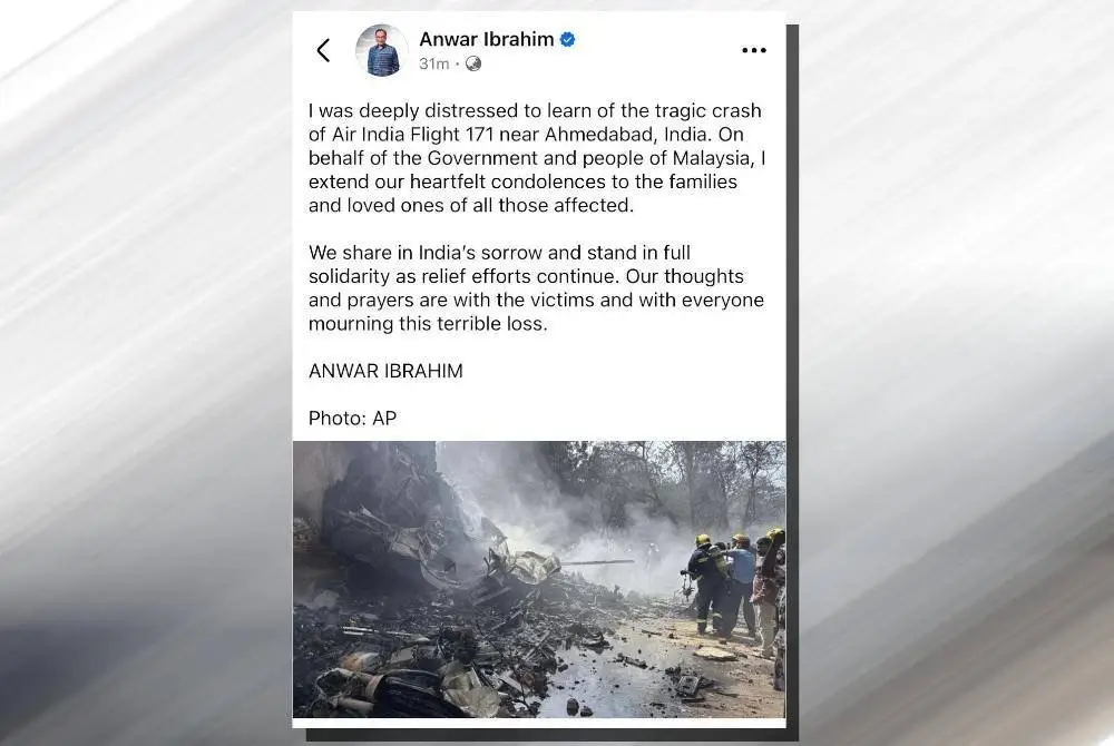 Anwar menzahirkan rasa sedih dan dukacita terhadap nahas melibatkan pesawat Air India Flight 171.