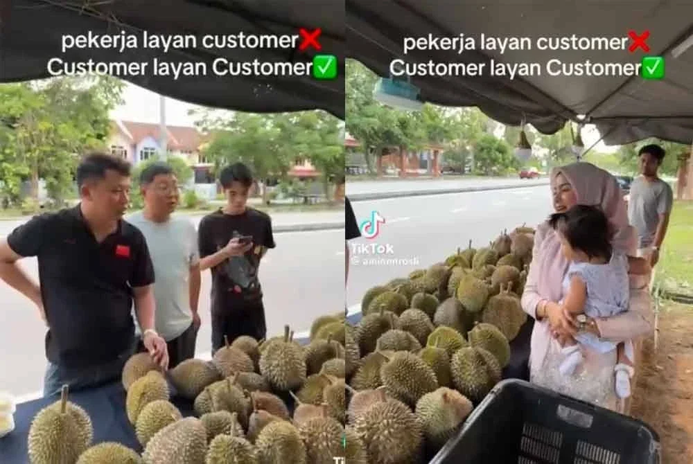 Nazzia yang fasih berbahasa Mandarin dan membantu Mohamad Amin menjual durian kepada pelanggan warga China.
