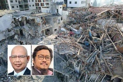 Pemandangan dari udara menunjukkan bangunan yang rosak di tapak yang terkena peluru berpandu yang dilepaskan Iran di bandar Ramat Gan Israel dekat Tel Aviv pada Sabtu. Foto AFP, gambar kecil dari kiri: Ahmad Martadha, Mazlan