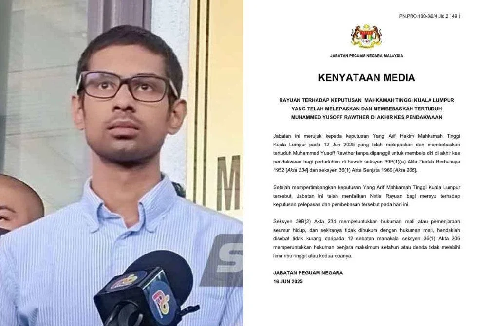 Yusoff Rawther dilepaskan dan dibebaskan tanpa dipanggil membela diri atas dua pertuduhan mengedar dadah jenis kanabis dan memiliki dua pistol tiruan, di Mahkamah Tinggi