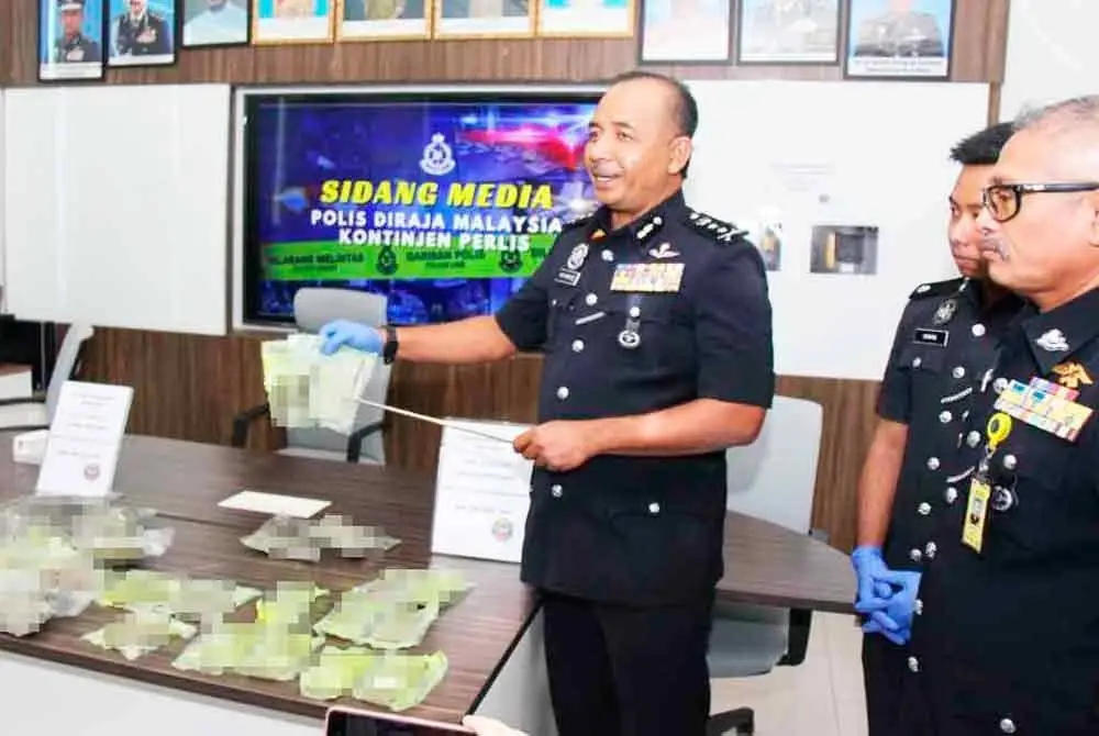 Muhammad menunjukkan ganja yang dirampas pada sidang media di Ibu Pejabat Polis Kontinjen Perlis pada Isnin. Foto Polis Perlis
