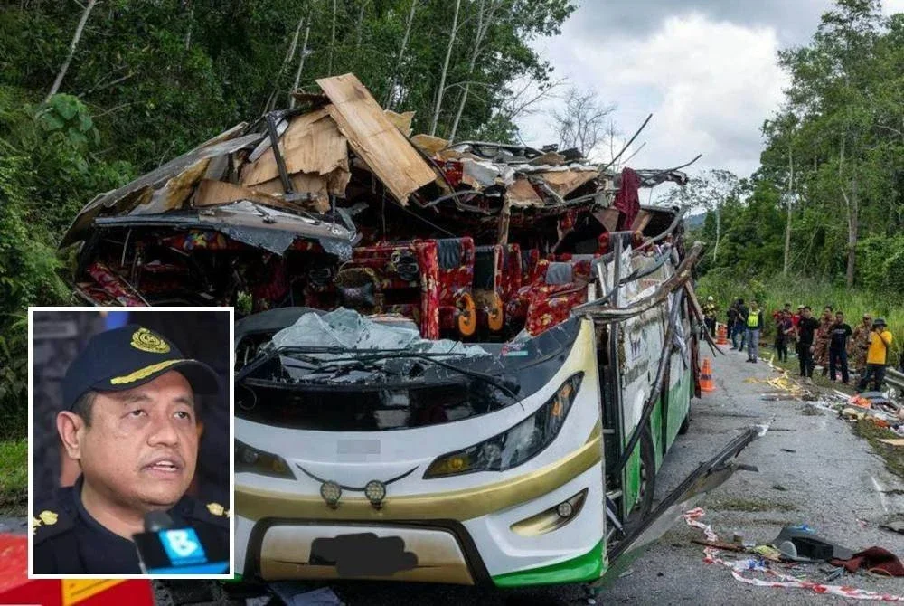 JPJ menggantung lesen PSV pemandu bas yang terlibat dalam kemalangan tragis meragut nyawa 15 pelajar UPSI di Jalan Raya Timur-Barat, Gerik. (Gambar kecil: Aedy Fadly)